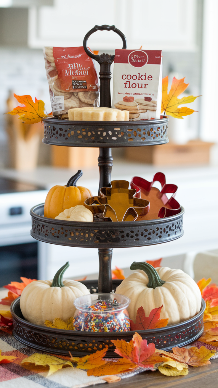 fall tiered tray decor with seasonal baking supplies