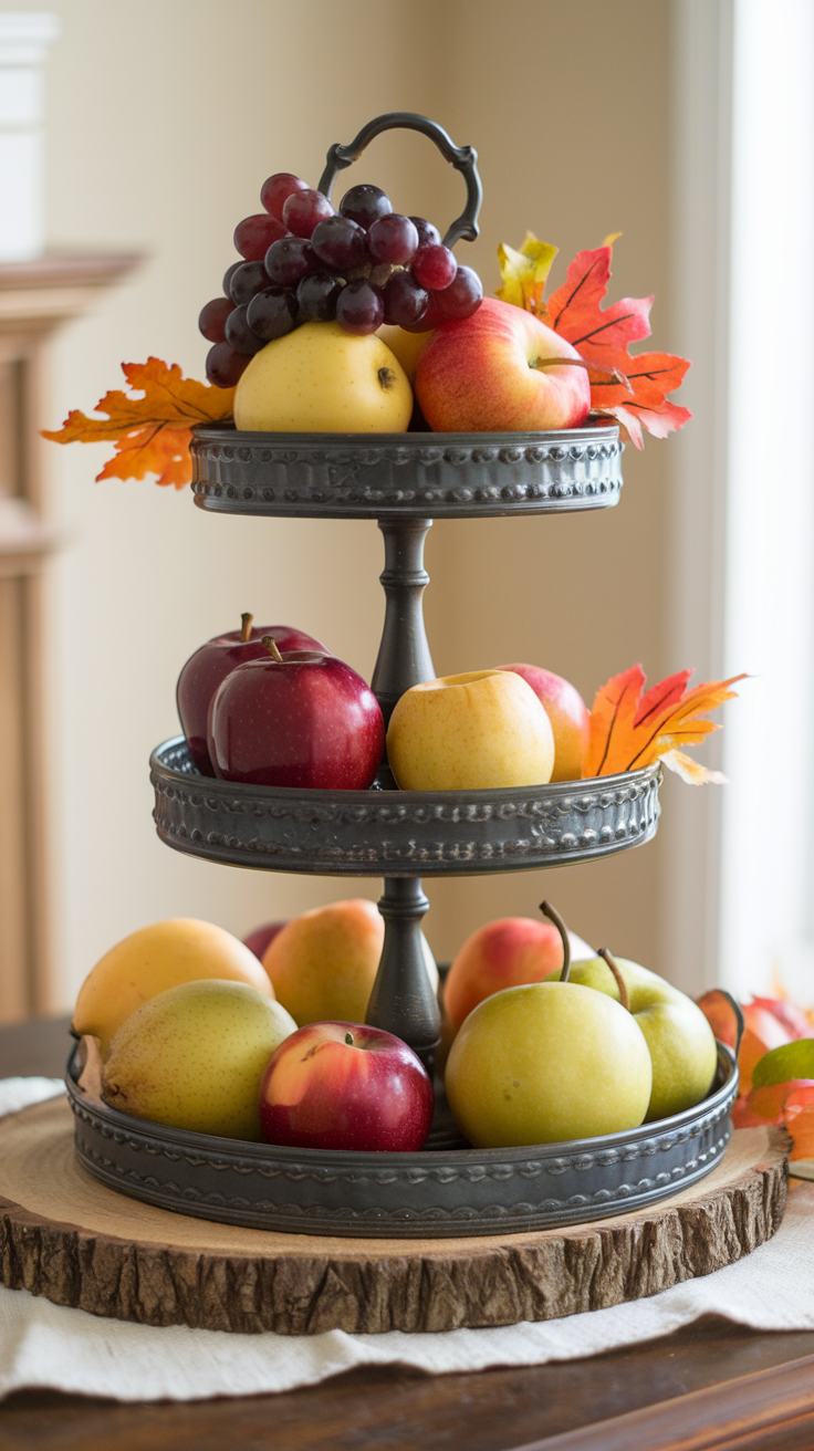 fall tiered tray decor with seasonal fruit