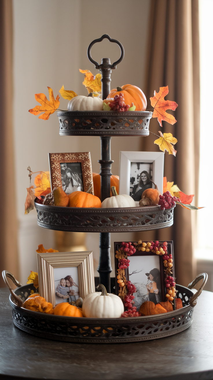 fall tiered tray decor with small picture frames