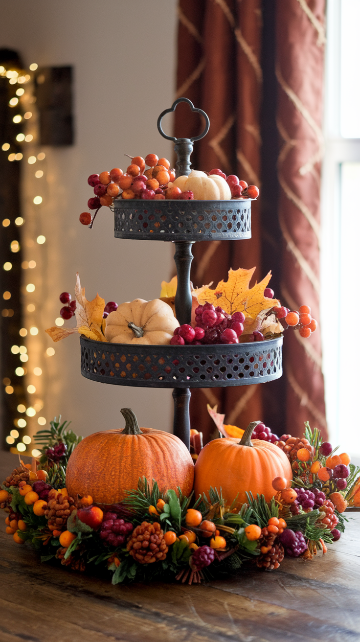 fall tiered tray decor with wreaths or garlands