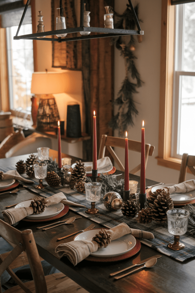 winter tablescape with rustic cabin vibes