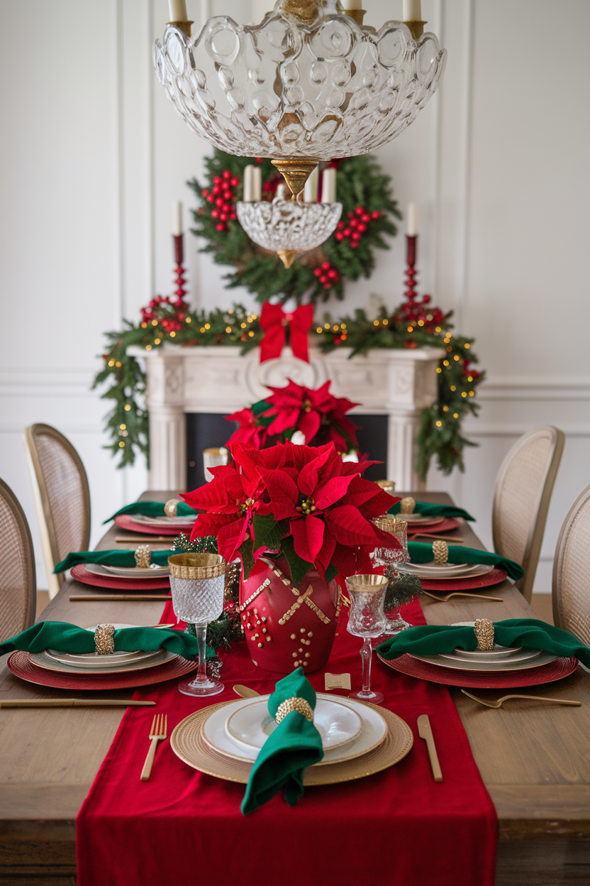 winter tablescape with traditional holiday glam