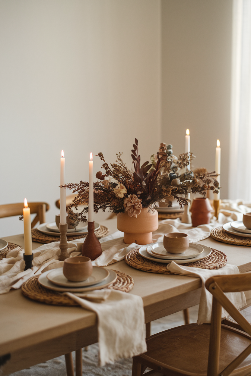 winter tablescape with warm and cozy neutrals