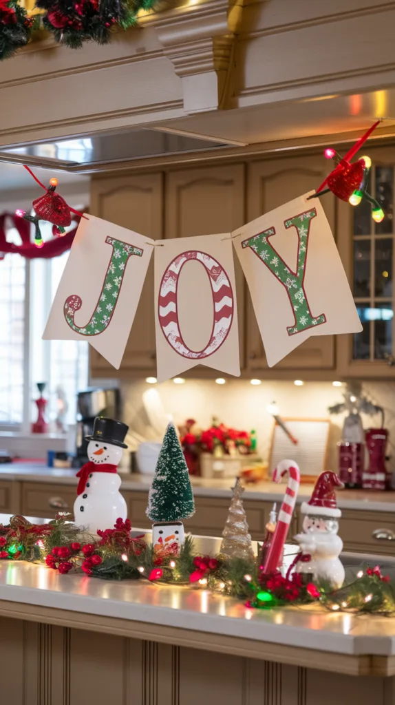 christmas decor kitchen with holiday inspired banner