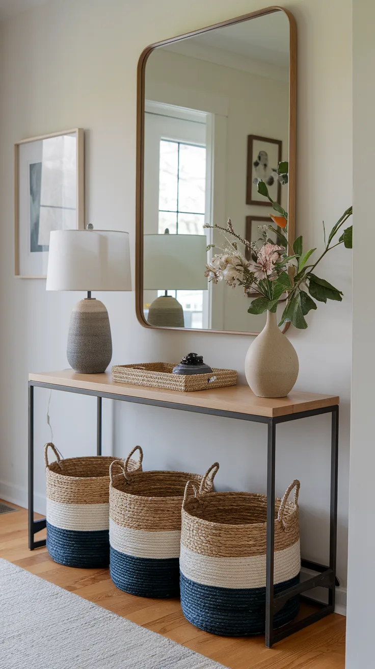 entryway decor with woven baskets