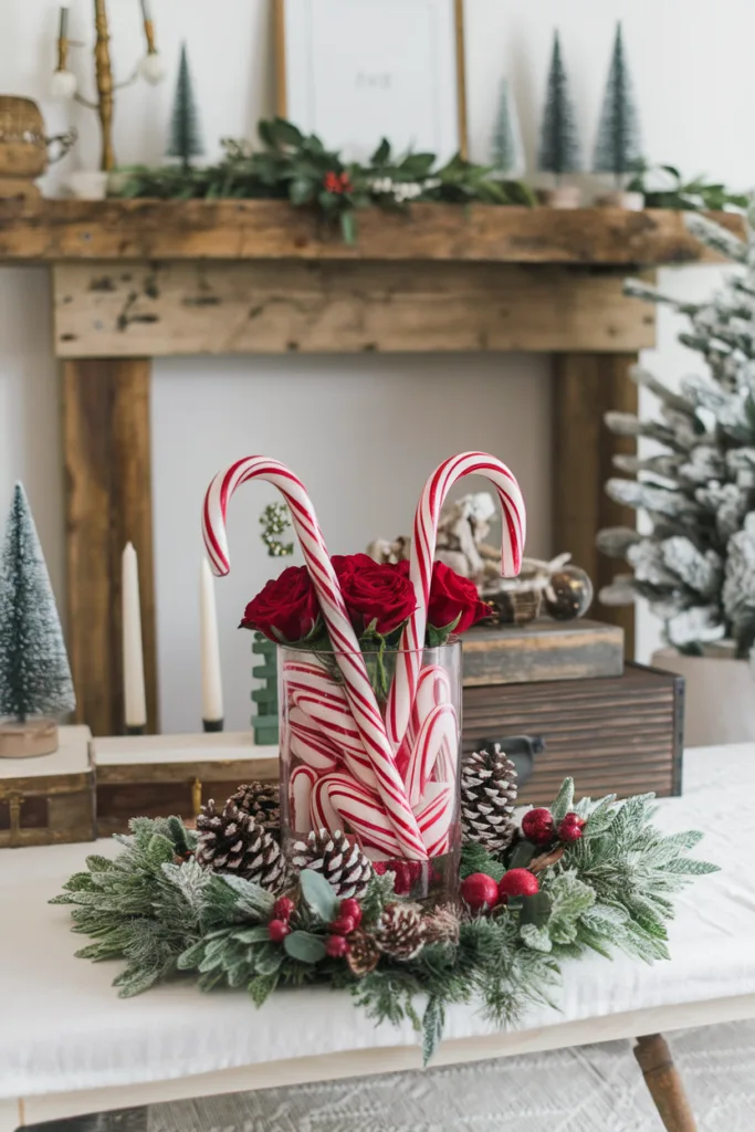 christmas coffee table decor with candy cane