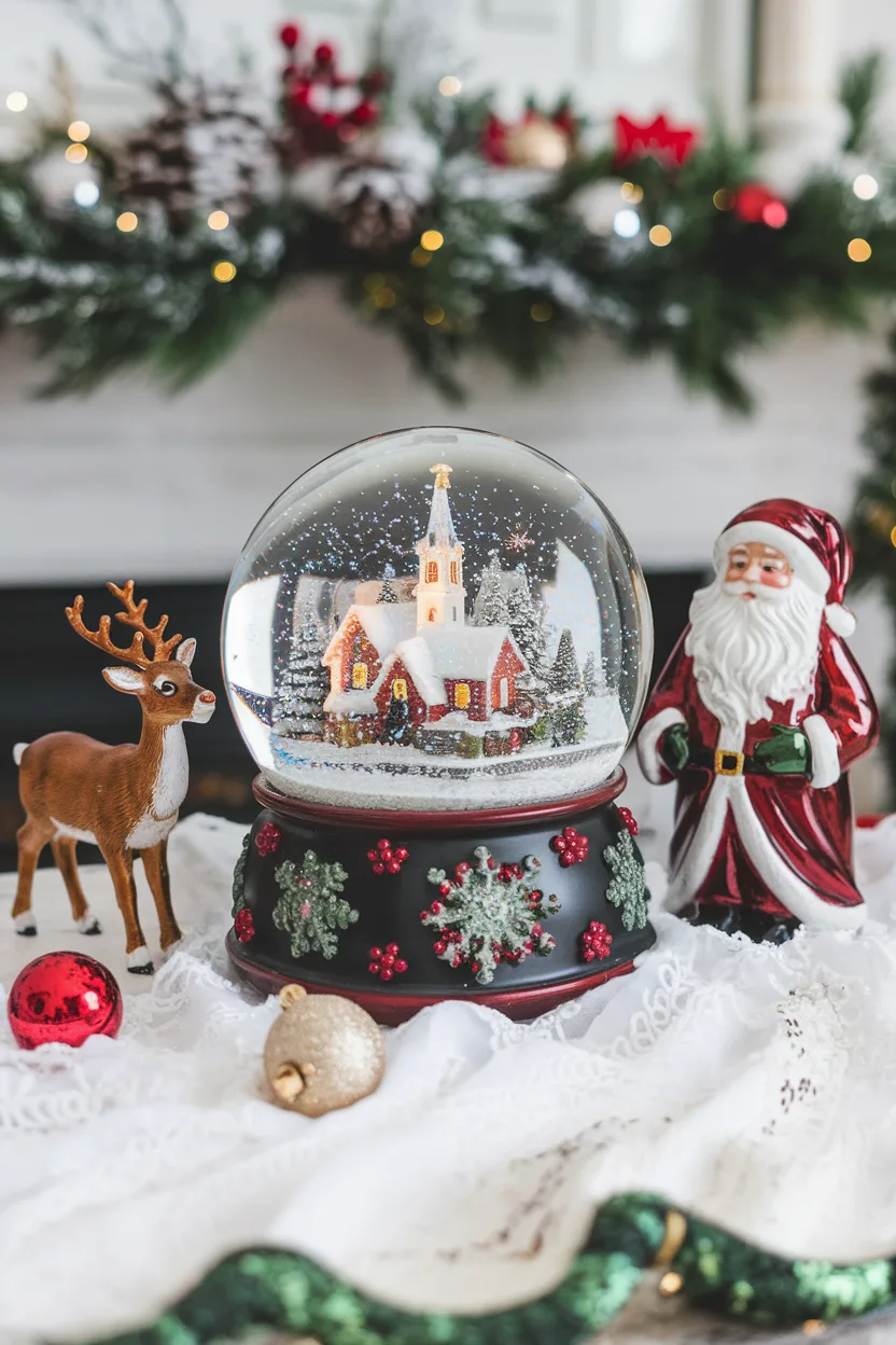 christmas coffee table decor with snow globe