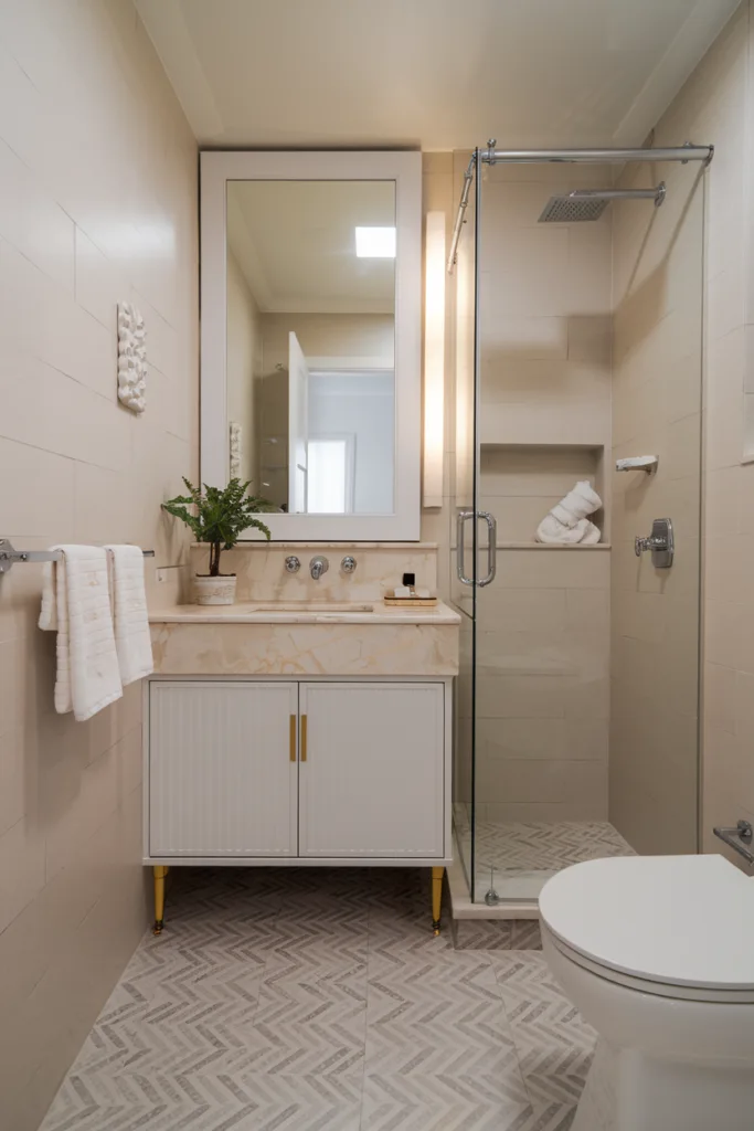 small bathroom with heringbone floor