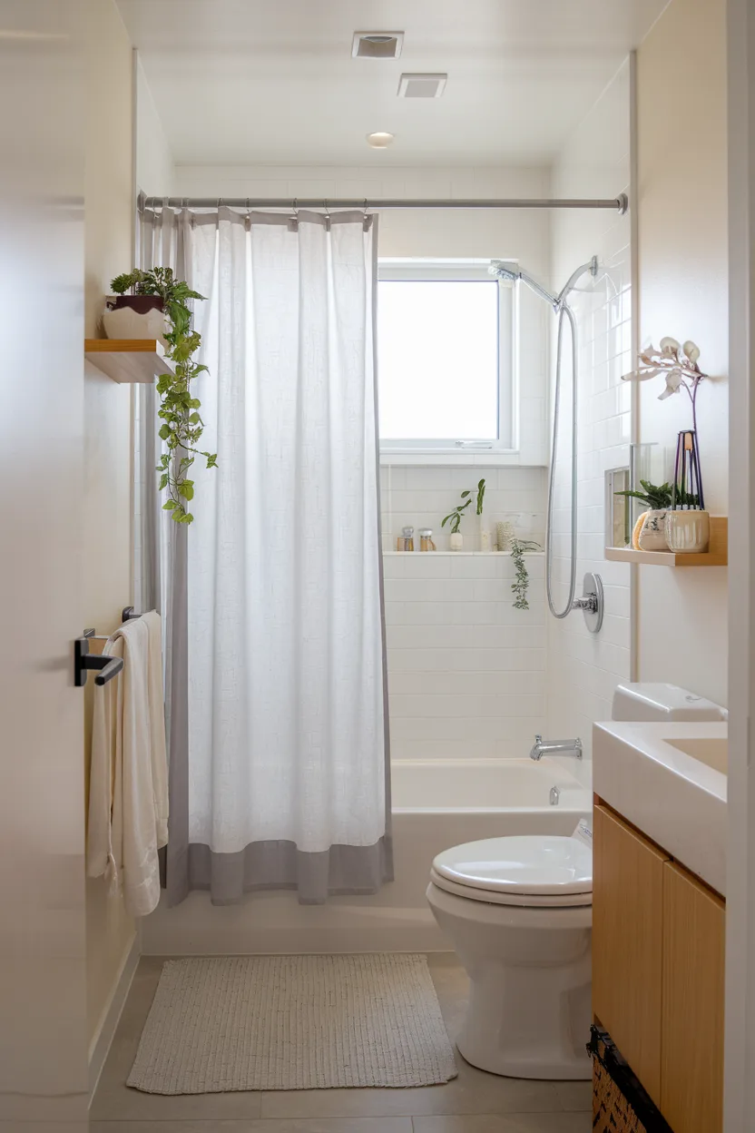 small bathroom with shower curtain