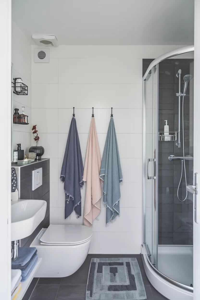 small bathroom with towel hooks