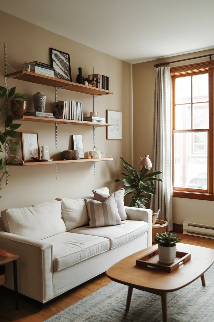 small cozy living rooms wall mounted shelves