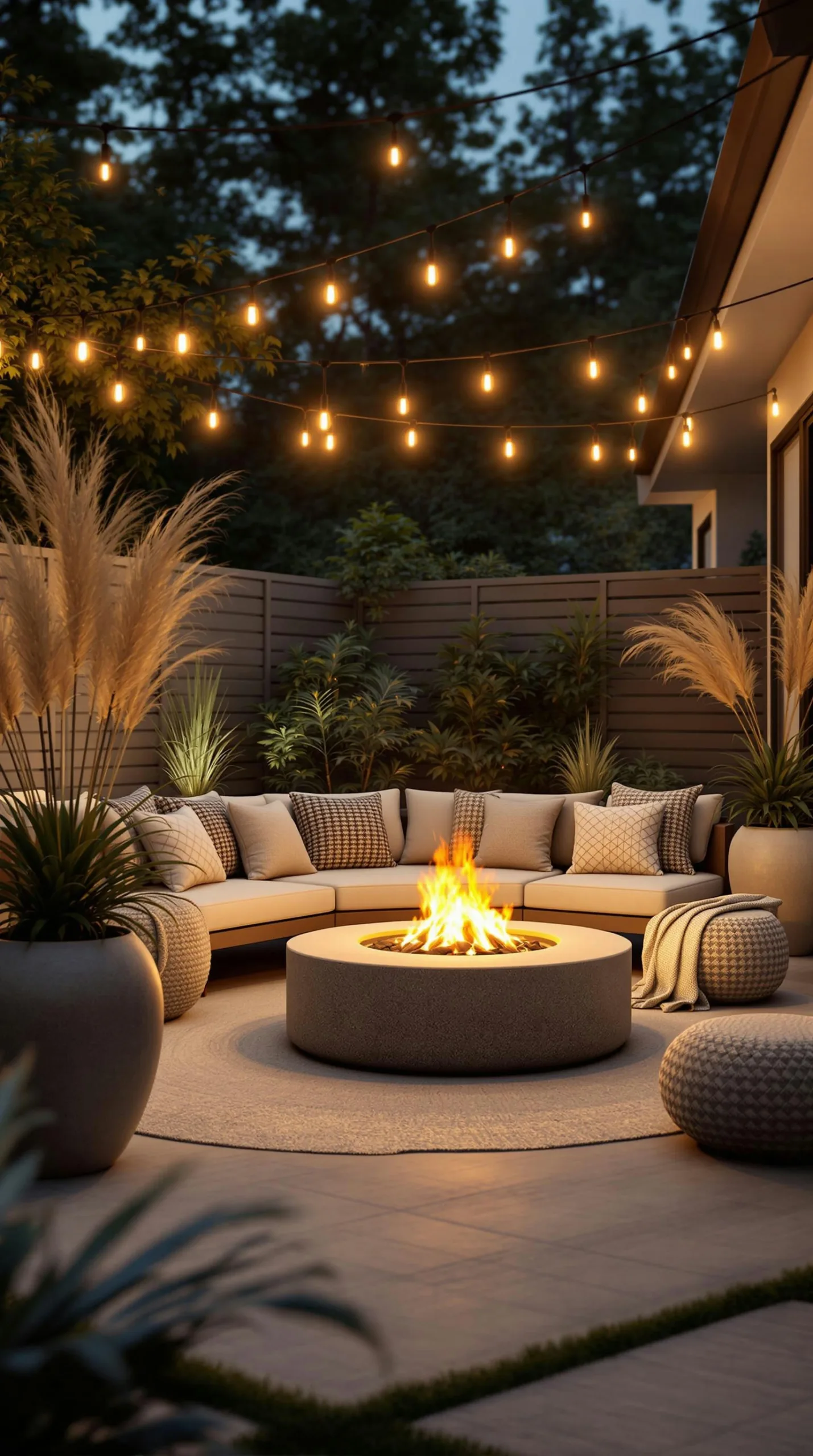 backyard firepit with string lights