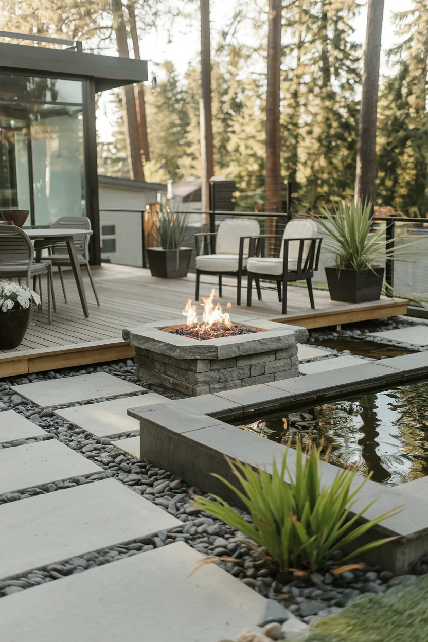 backyard firepit with water pond