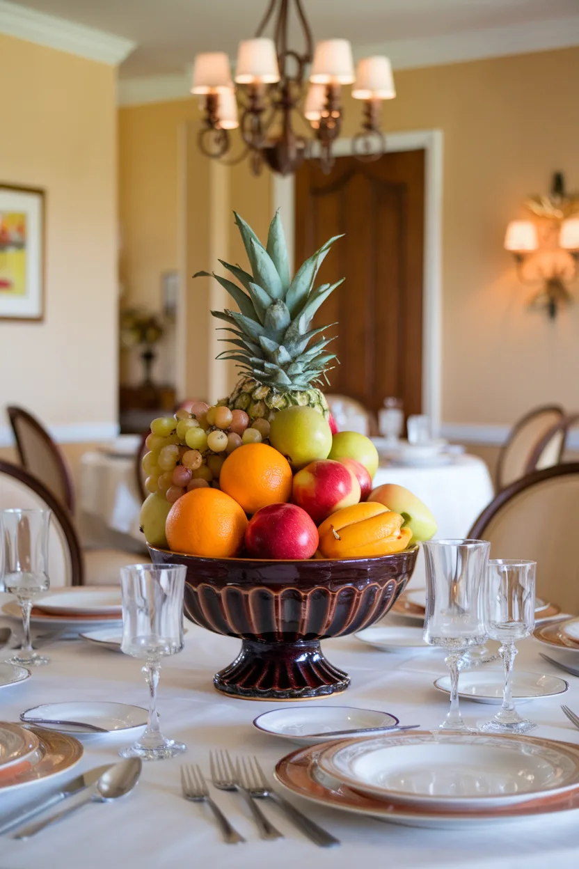 dining room table centerpiece with a fruit bowl