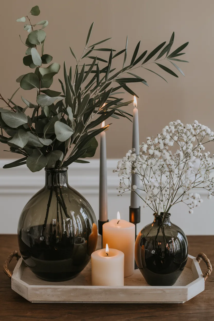 dining room table centerpiece with asymmetrical arrangement