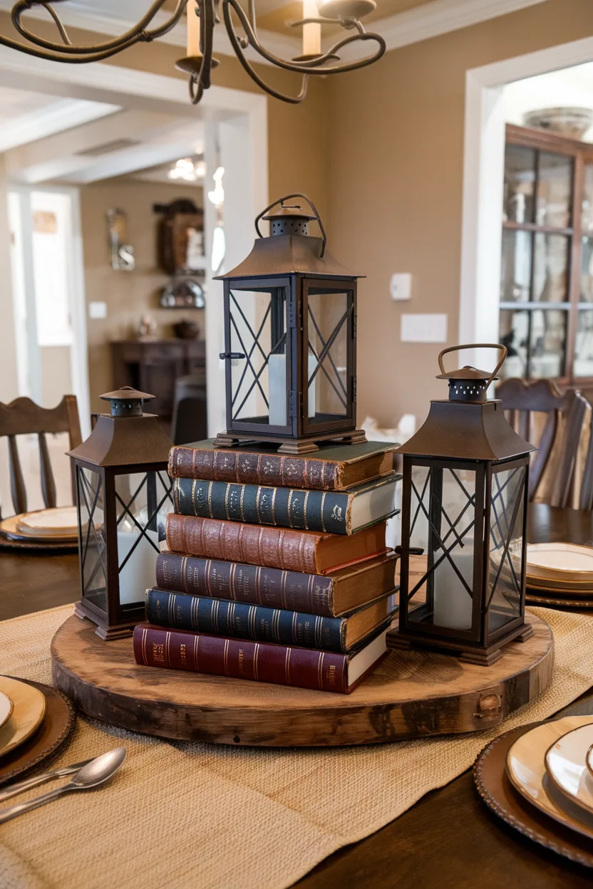 dining room table centerpiece with books and lanterns