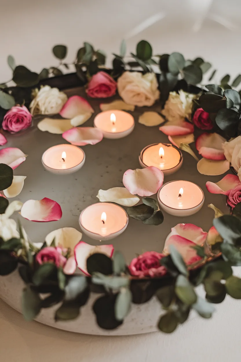 dining room table centerpiece with floating candles and flowers