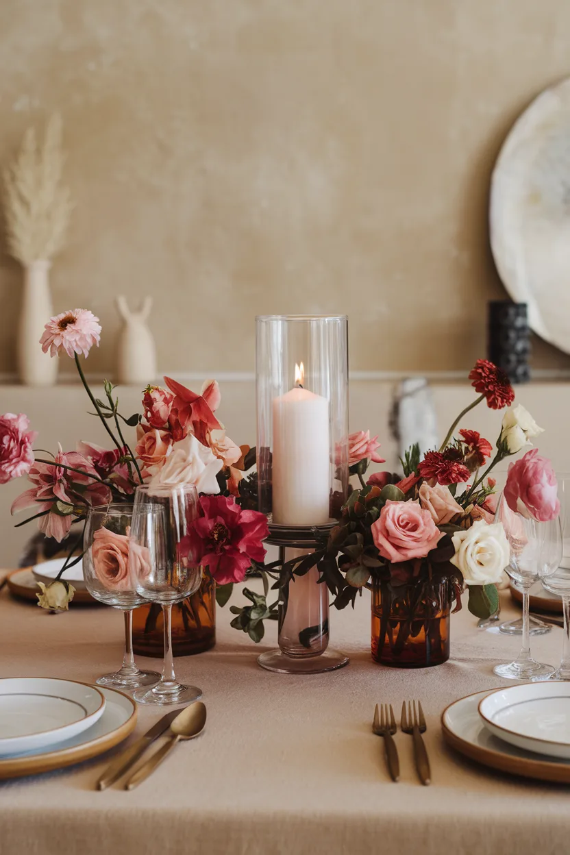 dining room table centerpiece with floral and candle combo