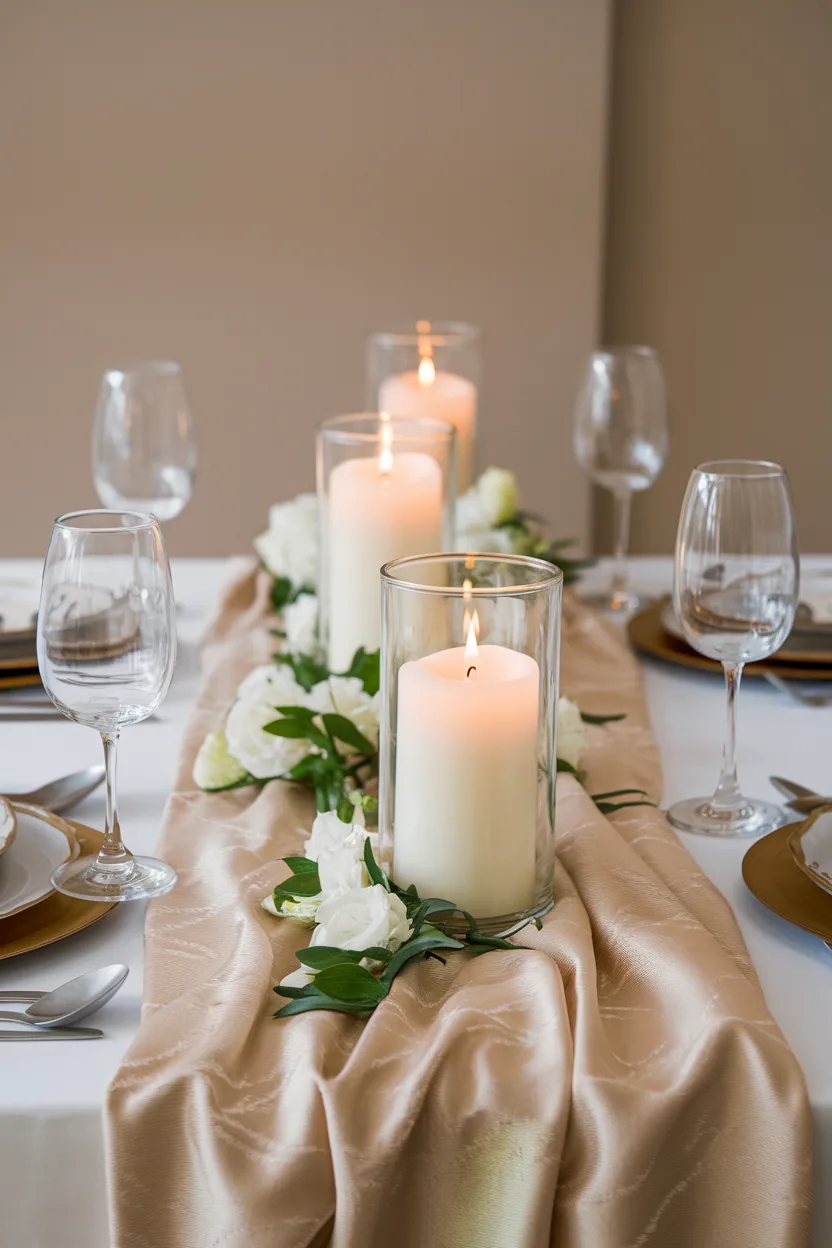 dining room table centerpiece with formal table runner with candles