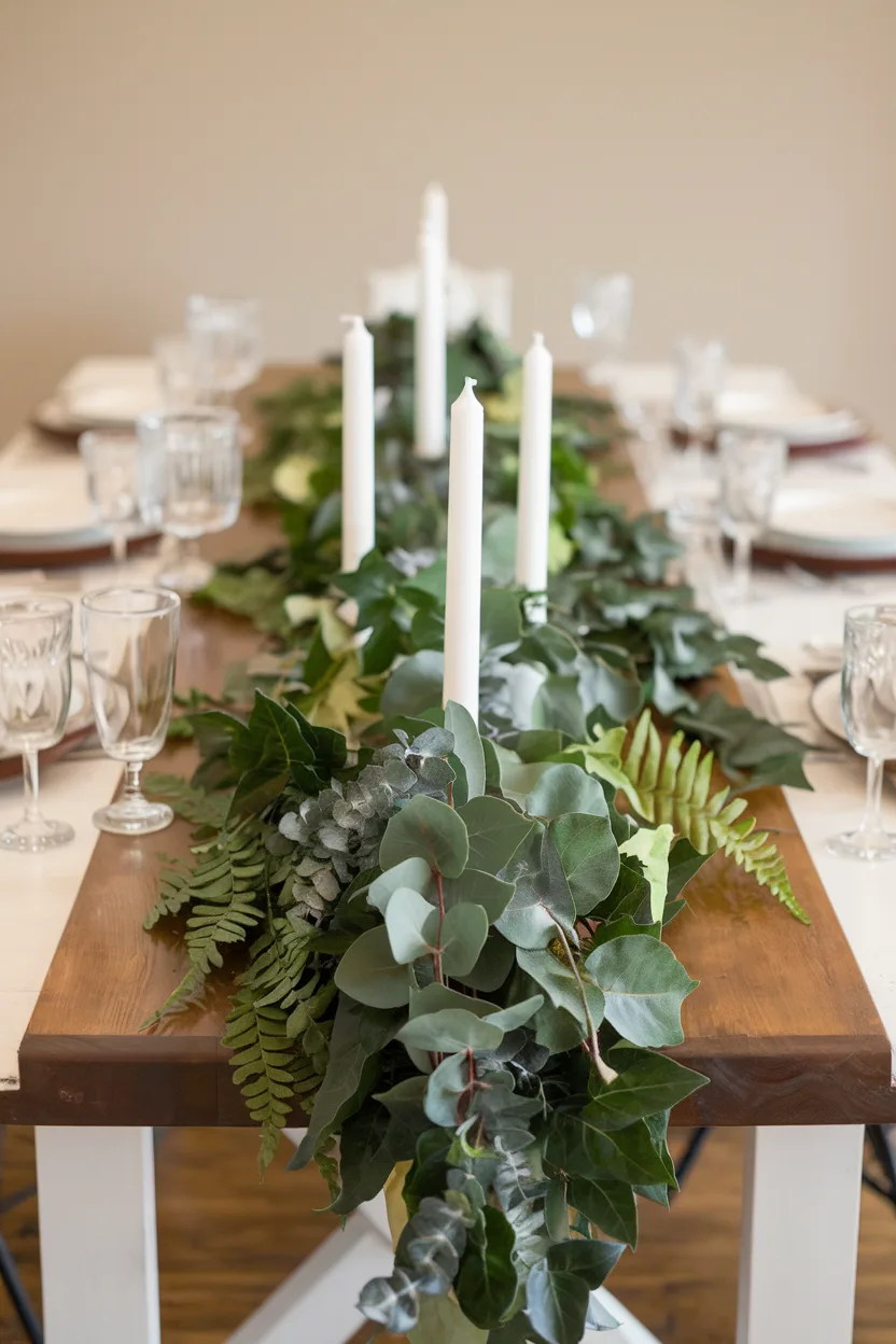 dining room table centerpiece with greenery garland