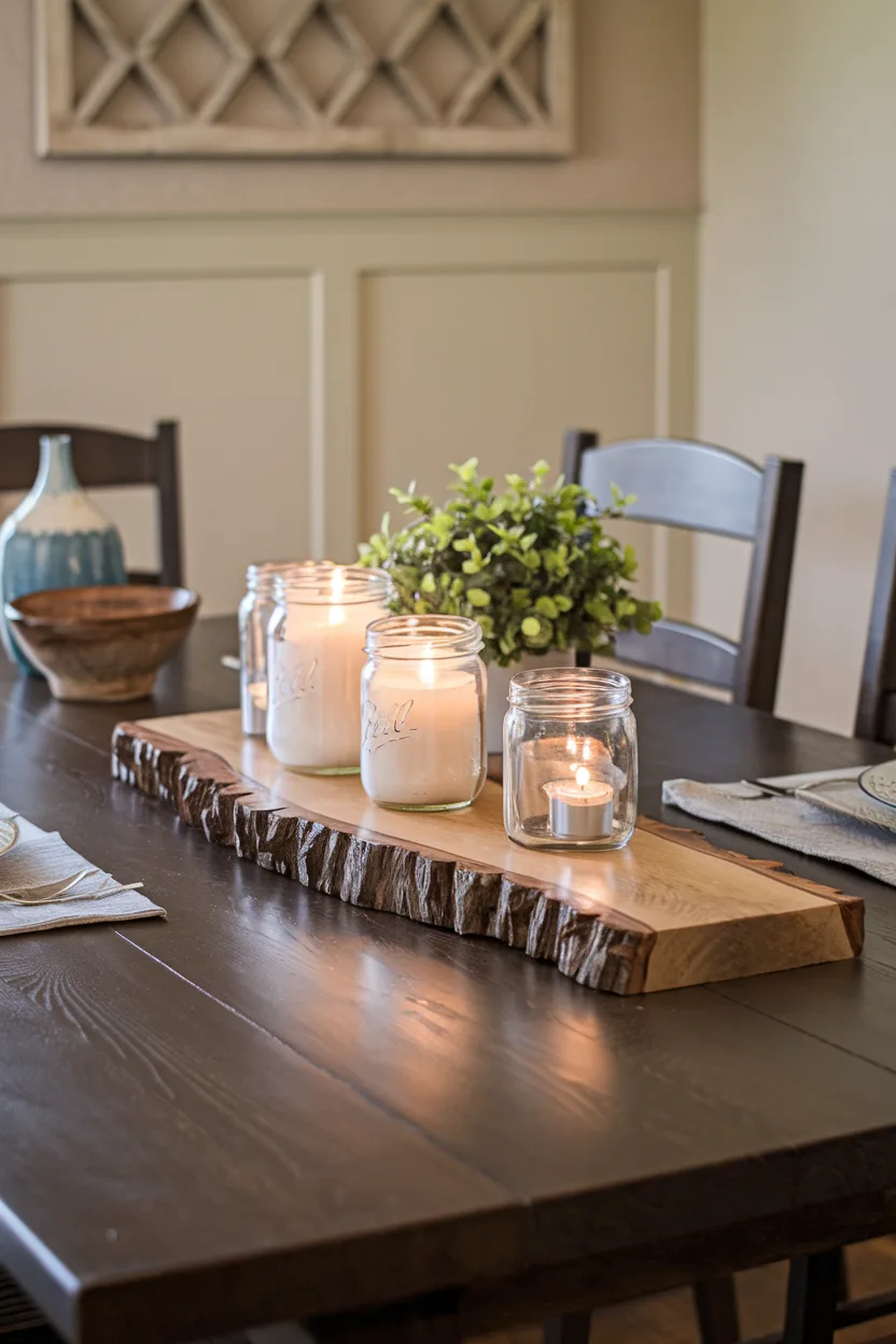 dining room table centerpiece with rustic wooden accents