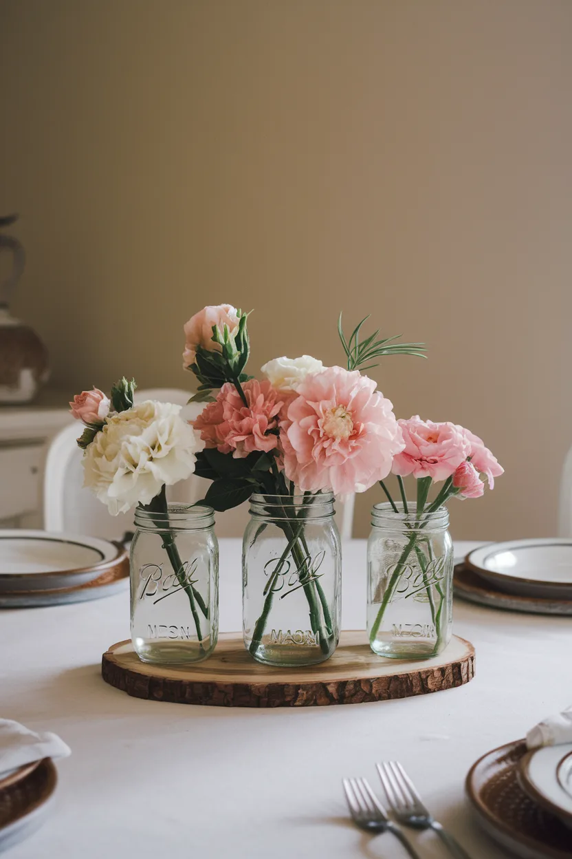 dining room table centerpiece with simple mason jar arrangement