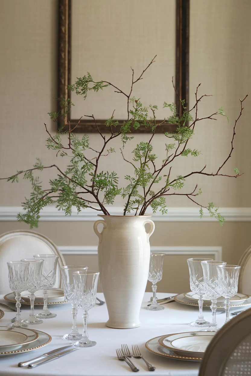 dining room table centerpiece with timeless vase and branches