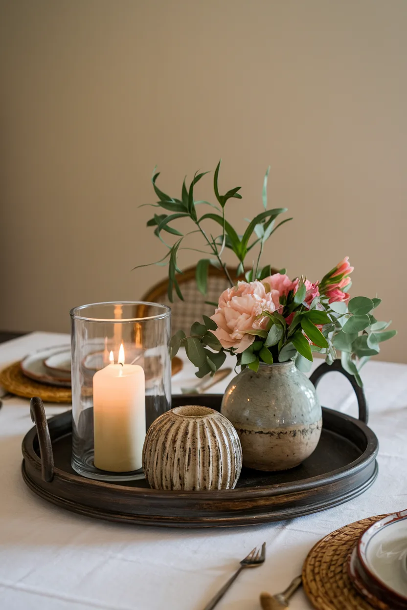 dining room table centerpiece with tray based centerpiece