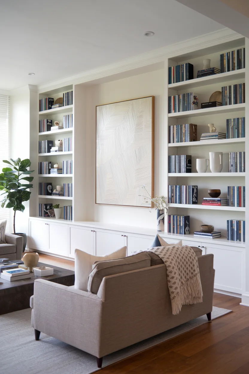 empty wall living room built in bookcase