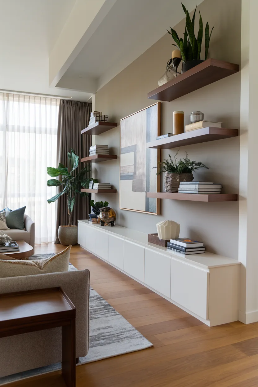 empty wall living room floating shelves