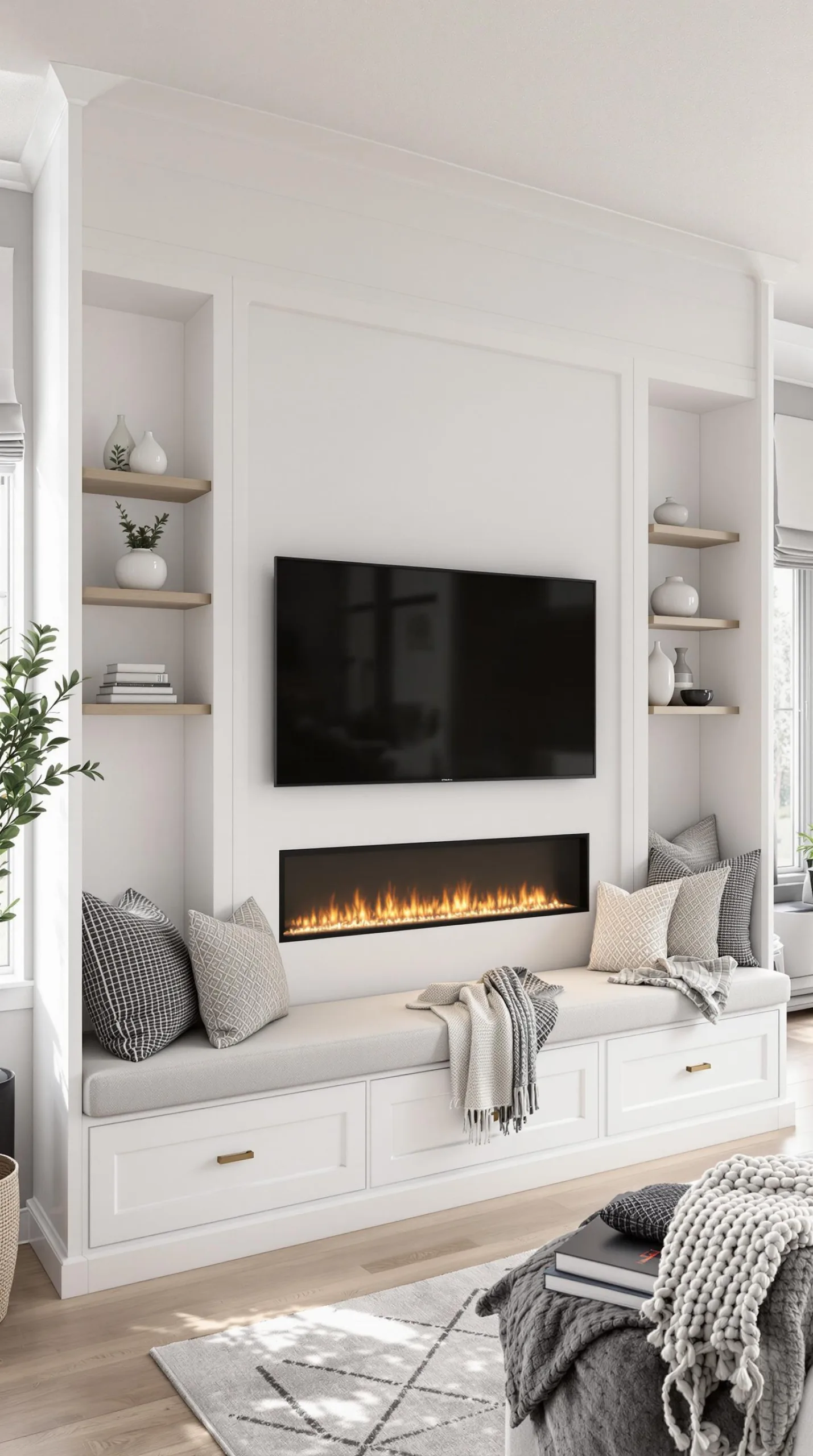 fireplace tv wall with a built in bench