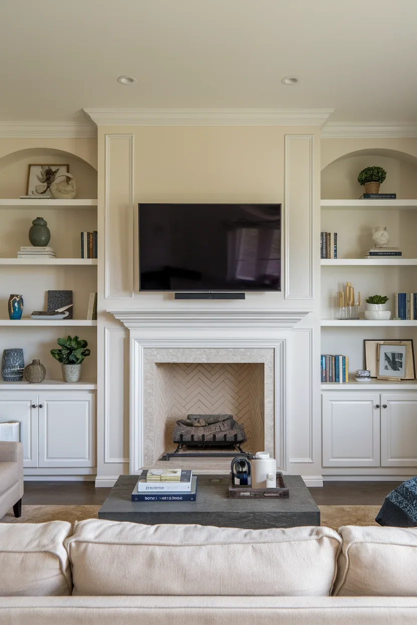 fireplace tv wall with built in shelving around the fireplace and tv