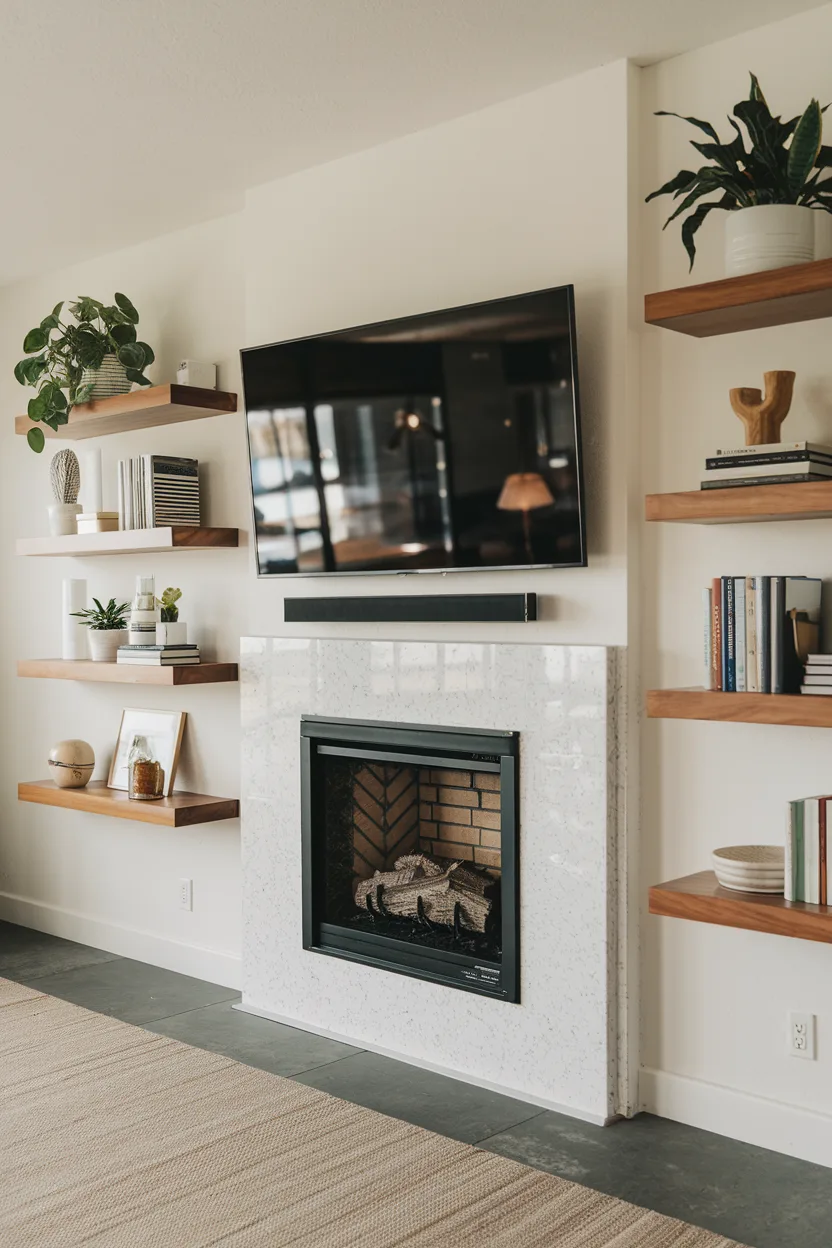 fireplace tv wall with floating shelves with a fireplace