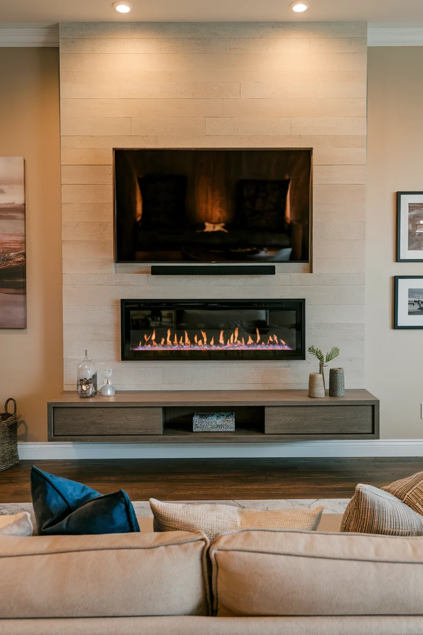 fireplace tv wall with hidden tv with floating console below the tv