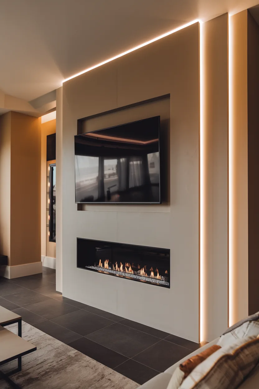 fireplace tv wall with integrated led lighting