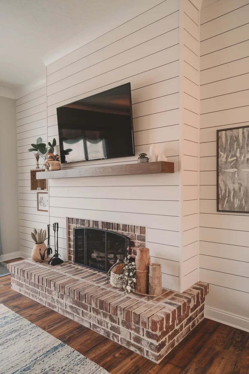 fireplace tv wall with layered textures with shiplap