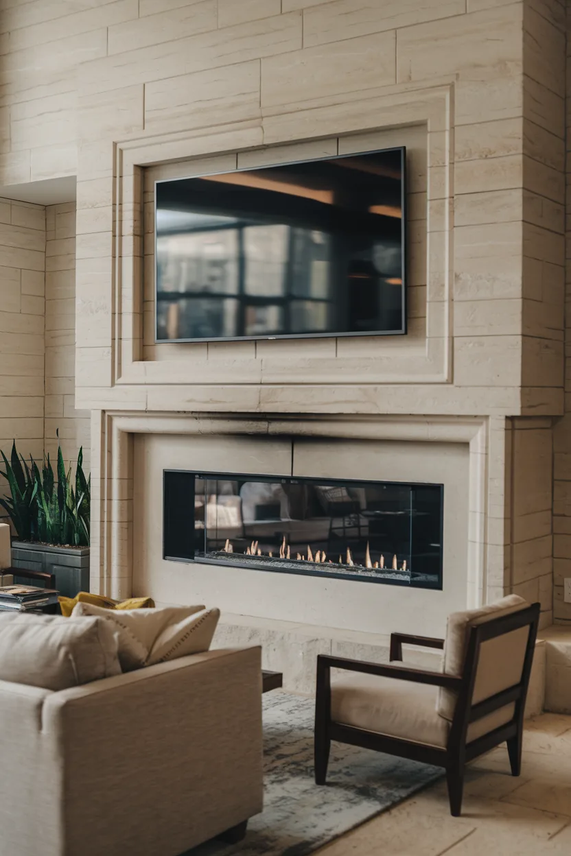 fireplace tv wall with recessed tv above the fireplace