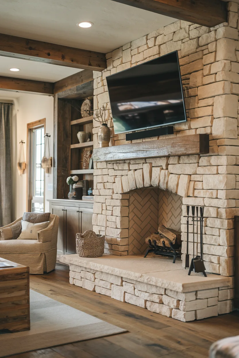 fireplace tv wall with stone surround for a rustic charm