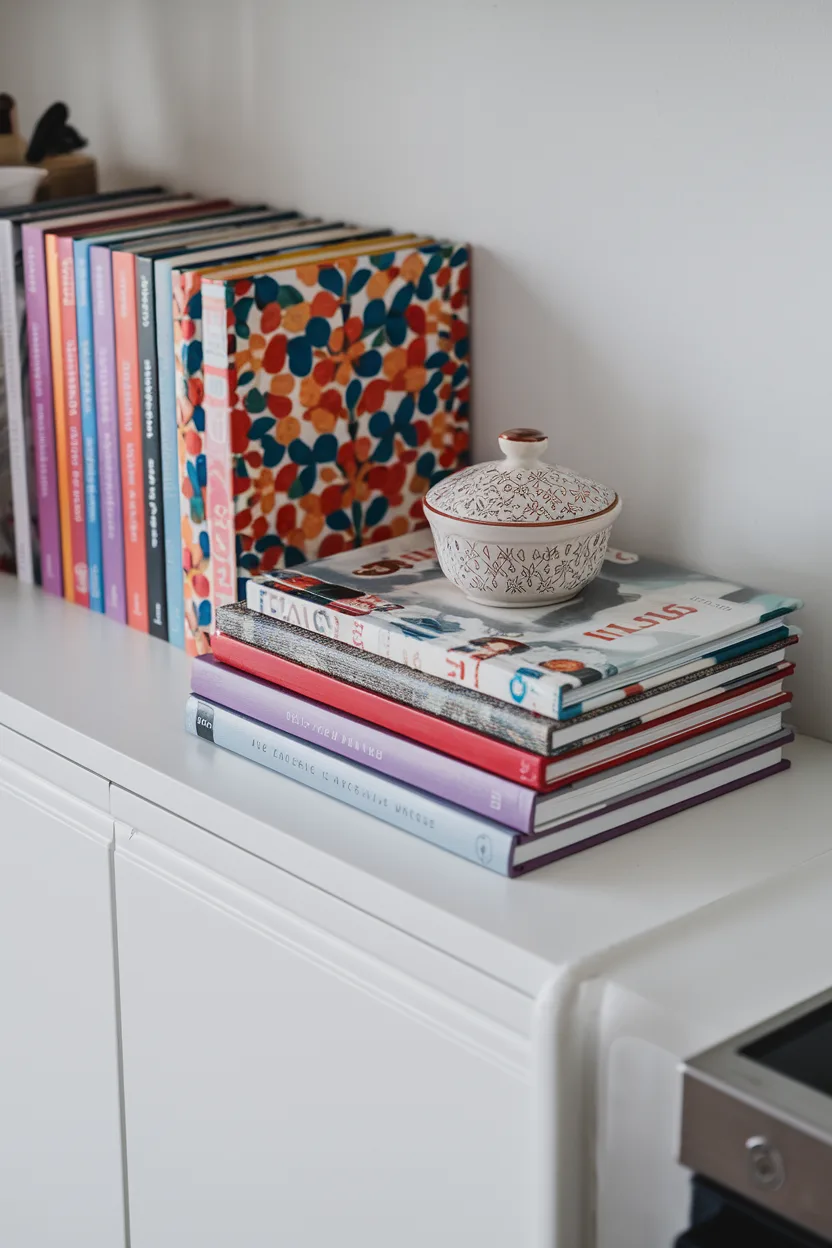 above cabinet decor layers with cookbooks