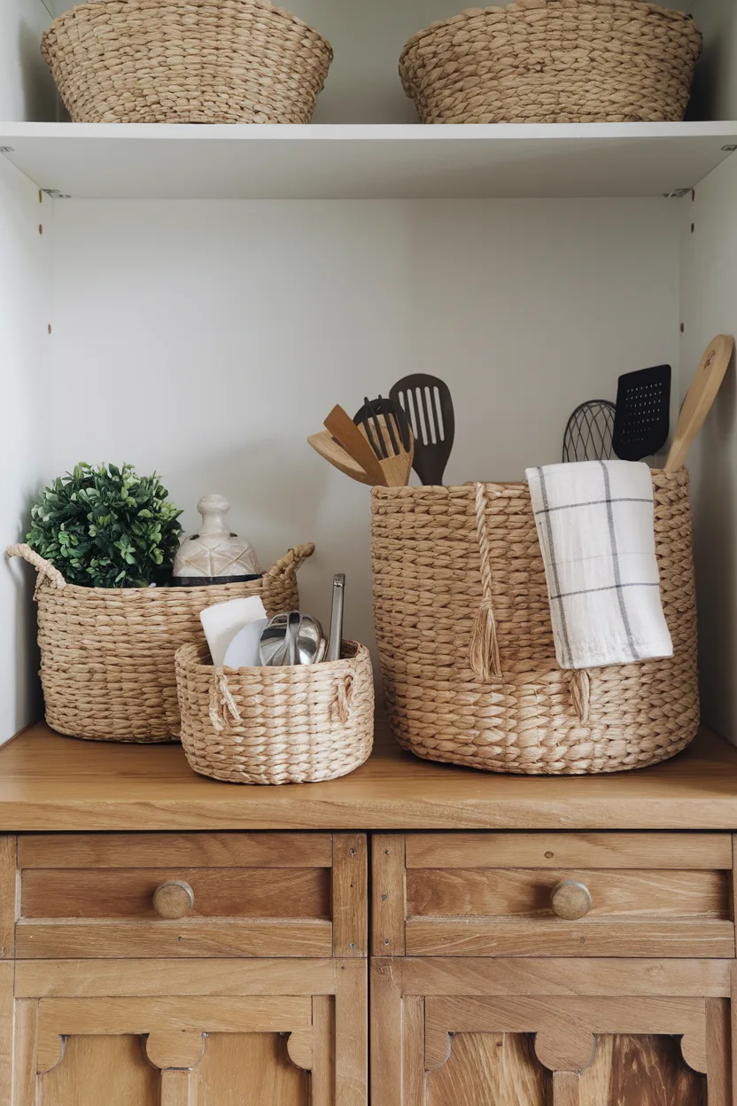 above cabinet decor woven baskets