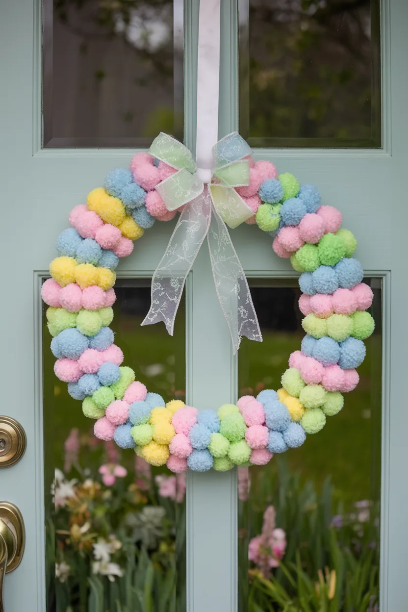 eater wreath pastel colored pom poms