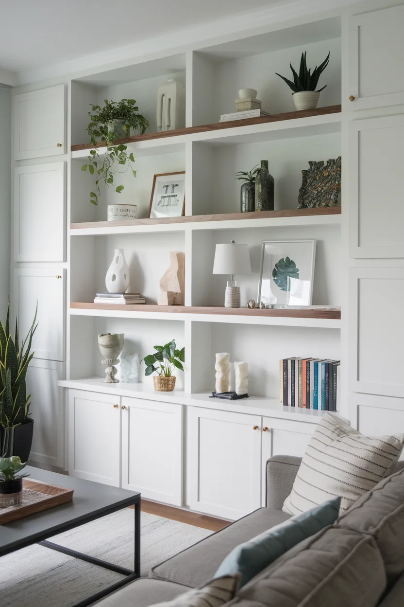 small living room built in look with floating shelves