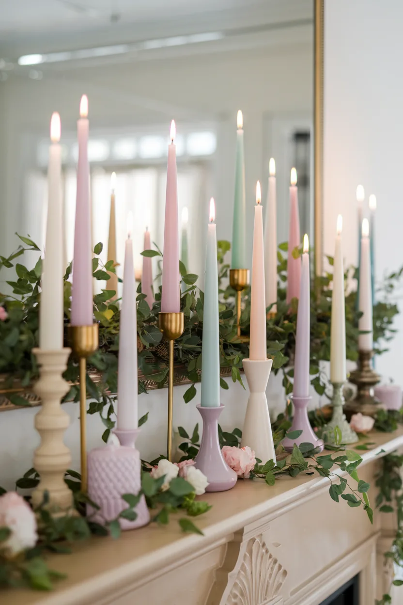 spring mantle decor create height with candlesticks