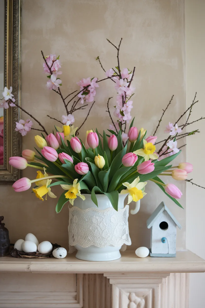 spring mantle decor fresh floral arrangement