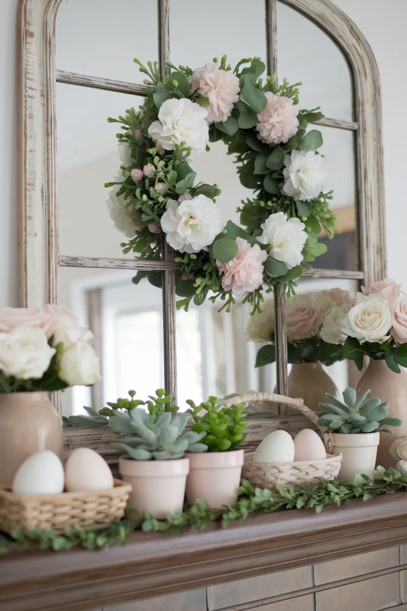 spring mantle decor mirror as a backdrop