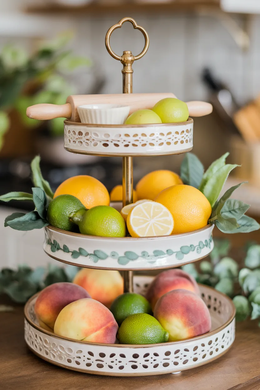 spring tiered tray faux fruit