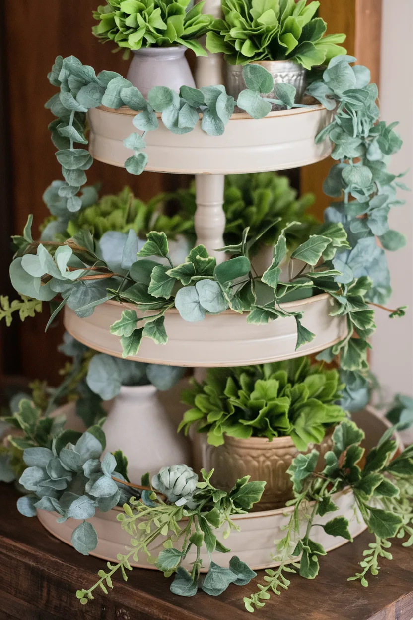 spring tiered tray greenery for texture