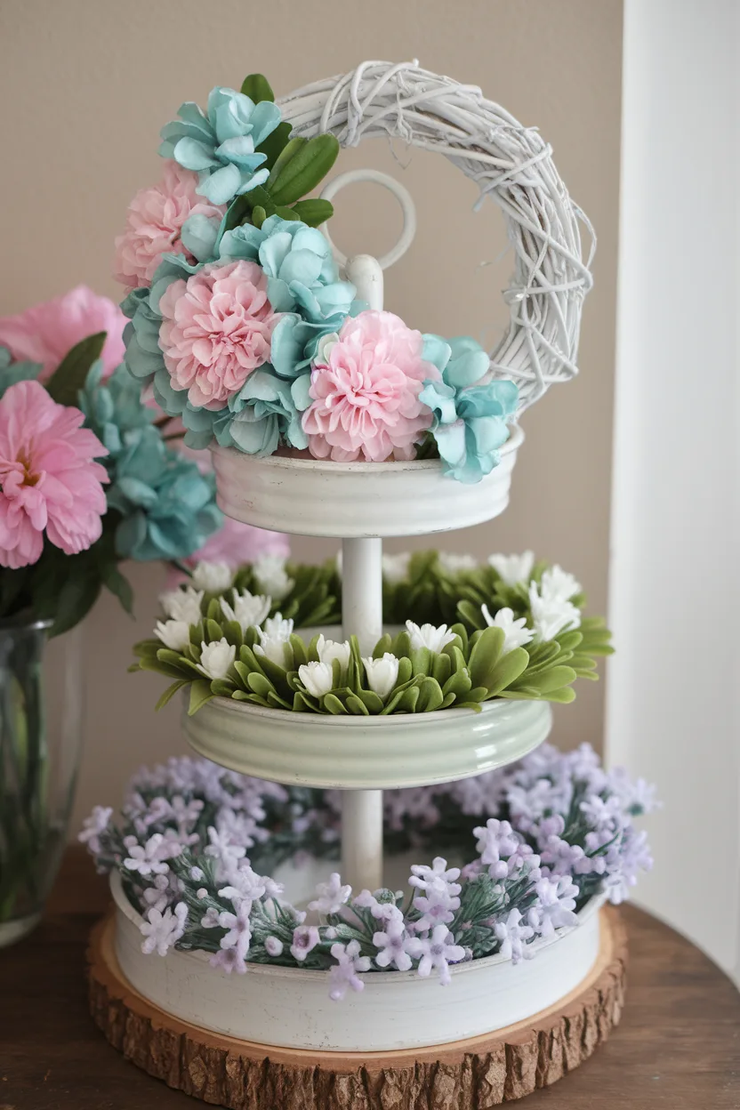 spring tiered tray mini wreaths