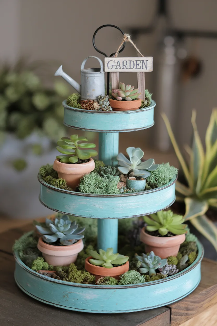 spring tiered tray miniature garden theme