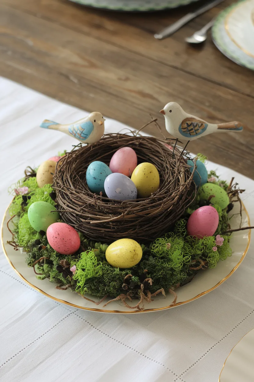 easter table centerpiece of birds nest centerpiece